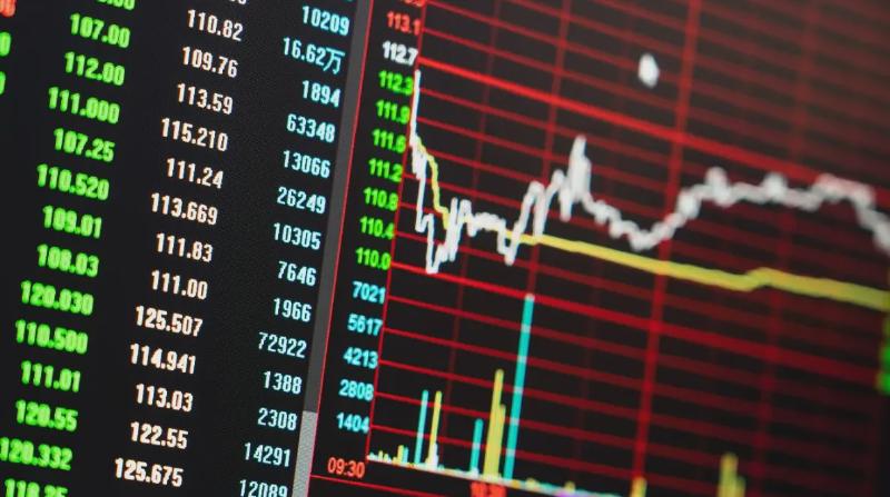 Een grafiek van een koers van een aandeel of crypto met verschillende technische indicatoren en marktdata zoals handelsvolume