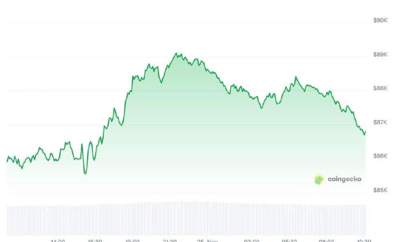 BTC/USD koersgrafiek van afgelopen 24 uur. Bron: Coingecko.