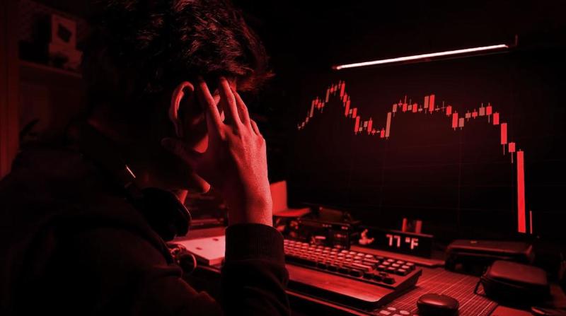 Seorang trader kripto yang panik karena harga jatuh drastis dan berwarna merah