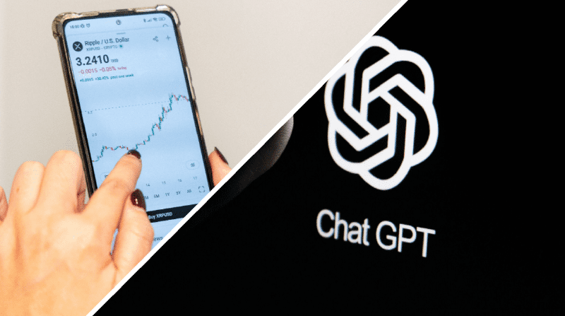 Gambar halaman XRP di sebelah kiri dengan grafik harga XRP dan ChatGPT di sebelah kanan