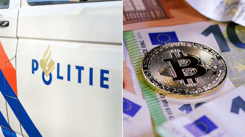 Foto dengan koin Bitcoin dan logo polisi